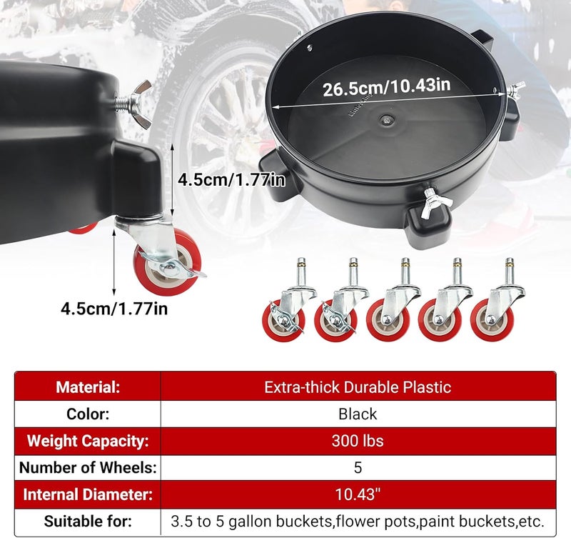 Linforking Bucket Dolly 5 Gallon with Wheels,360°Rolling Car Wash Buckets Dolly for 2.5 to 5 Gallon Buckets with Bucket Insert,Cleaning Brush,Supports Up to 300 lbs - Image 2